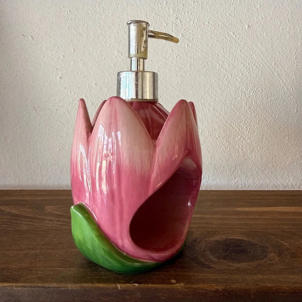Vintage Avon RARE Pink Tulip Ceramic Soap Dispenser Sponge Holder Floral Decor